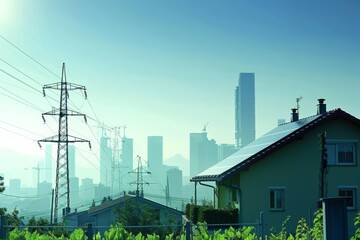 High Voltage Power Lines with Wind Turbines Against City Skyline