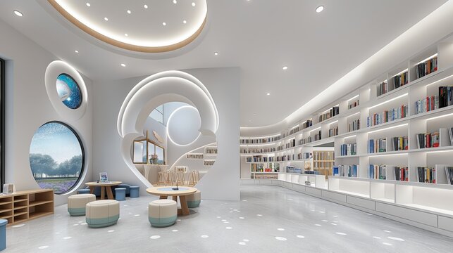 Futuristic library with modern lighting and extensive book collection.