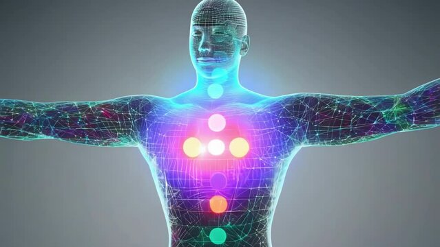 Holographic human body with glowing chakras