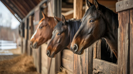 Fototapeta premium Three domestic brown horse animals in wooden stable. Equestrian stallion breed in farm ranch barn, winter outside or outdoors, countryside or village livestock, box, window, head