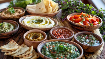 Fototapeta premium A variety of dips and spreads made with indigenous es and herbs are displayed on wooden platters.