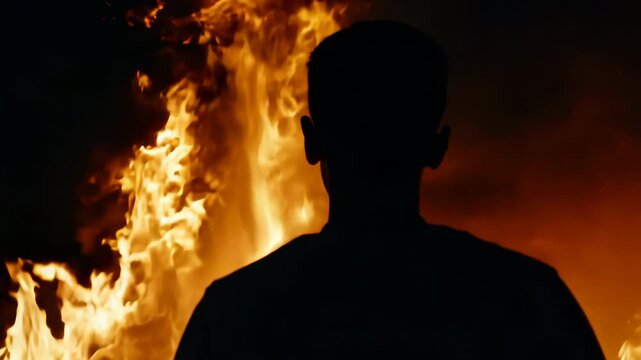 Silhouette of a man near large fire at night