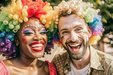 Obraz premium Close-up. A happy African-American transvestite. A woman and a man in a rainbow afro clown wig and shiny makeup celebrate LGBT+ at the pride parade. Gay in fancy dress.