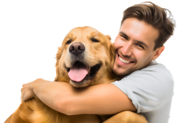 Happy smiling young man or owner hugging his domestic joyful golden retriever dog pet animal, portrait, isolated. Love and friendship, together, companion, embrace, cuddle