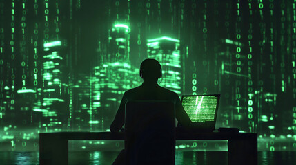 Rear back view silhouette shadow of programmer man sitting in a chair in office at night, working on laptop. Online software developer, cybersecurity binary code key, green numbers coding