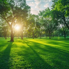 Morning Light in Public Park: Green Grass Field Job