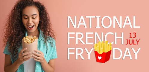 Banner for National French Fry Day with happy African-American woman