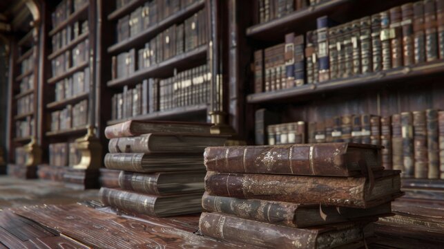 An extensive collection of old, weathered books stacked on wooden shelves in a rustic setting. The aged volumes evoke a sense of history and timeless knowledge.