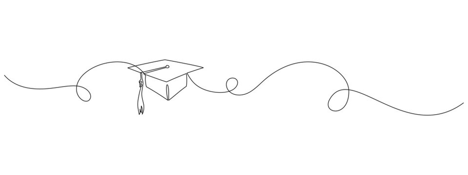 One continuous line drawing of graduation cap. Student and college hat symbol in simple linear style. Education and academic degree concept in editable stroke. Doodle contour vector illustration