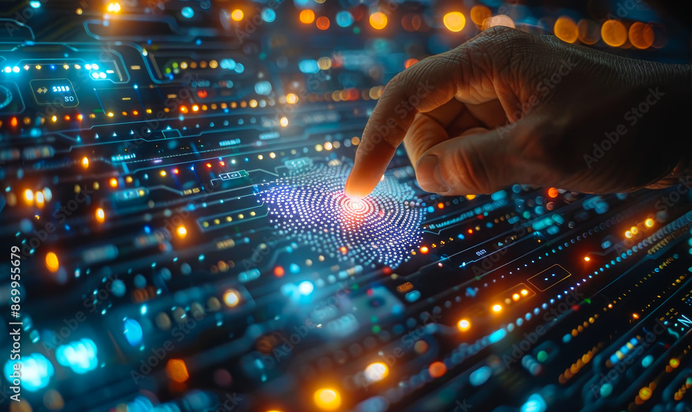 Poster cybersecurity data engineer with biometrics accessing server room's network, data center ai