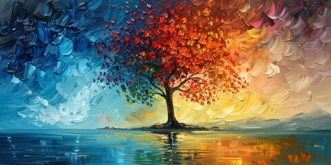 The abstract painting shows a tree with colorful leaves under a dramatic sunset sky, conveying beauty and harmony