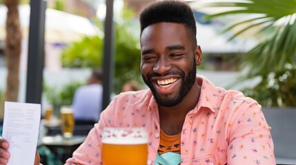 A man is sitting at a table with a beer in his hand and a smile on his face. He is holding a menu and seems to be enjoying his time