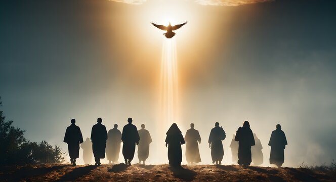 Pentecost, the descent of the Holy Spirit on the Apostles.