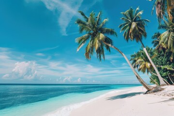 Fototapeta premium Stunning tropical beach with white sands and coconut trees invites travelers to paradise. The vibrant landscape promises an unforgettable vacation experience on a luxurious island resort.