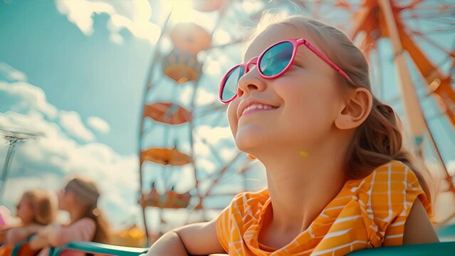 children in the amusement park on the ferris wheel , sunny day,generative ai