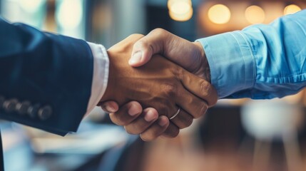 In a close-up detail, two businessmen engage in a firm handshake, underscoring trust, mutual respect, and the sealing of an agreement or successful negotiation.
