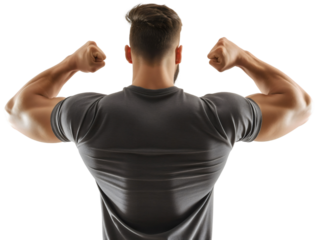 Rear back view of handsome muscular young man flexing muscles isolated on transparent background. Male fitness model, posing, gym trainer, strong bodybuilder power