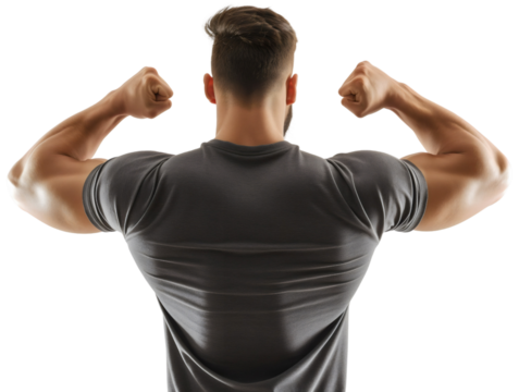 Rear back view of handsome muscular young man flexing muscles isolated on transparent background. Male fitness model, posing, gym trainer, strong bodybuilder power