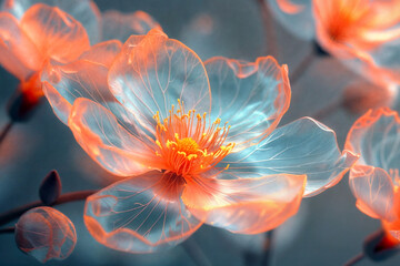 A close-up of a delicate orange flower with a glowing center against a soft blue background
