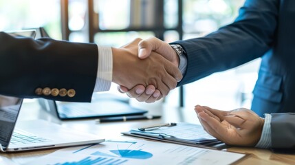 Executives shaking hands over a desk with documents and a laptop in view, symbolizing a successful business negotiation or partnership in a modern office environment.