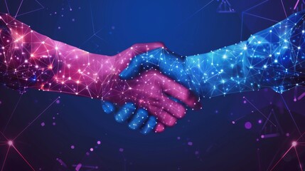 Depicting an innovative digital handshake in vibrant colors and a networked background, this image symbolizes technological partnership, unity, and collaboration in a futuristic setting.