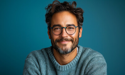 Friendly Young Professional Man Smiling Cheerfully, Pointing at Camera Over Blue Studio Background - Headshot Portrait of Casual Bearded Guy in Sweater and Glasses