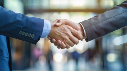A firm handshake between two business professionals set against a bright corporate backdrop, signifying contract agreements and business partnerships.