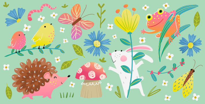 Modern nature surface design with nature plants and animals. Vector flat decorative graphics for product packaging and surface design. Hand drawn vector decoration illustration in watercolor style.