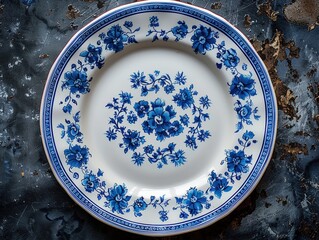 Vintage blue and white floral plate on a rustic background
