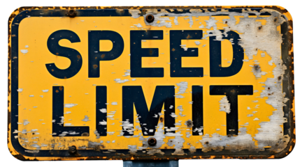 Yellow sign with text speed limit, object isolated on transparent background. Street road traffic driving, travel and transport safety, highway automobile vehicle restriction and regulation
