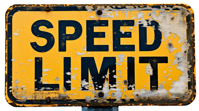 Yellow sign with text speed limit, object isolated on transparent background. Street road traffic driving, travel and transport safety, highway automobile vehicle restriction and regulation