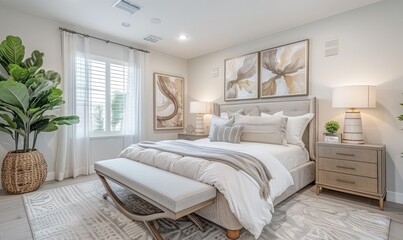 Luxurious Bedroom with Elegant Wall Art and Green Plants in a Modern, Tranquil Setting