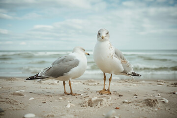 Seagull on Beach by Seaside, Showcasing Its Natural Habitat and Coastal Surroundings