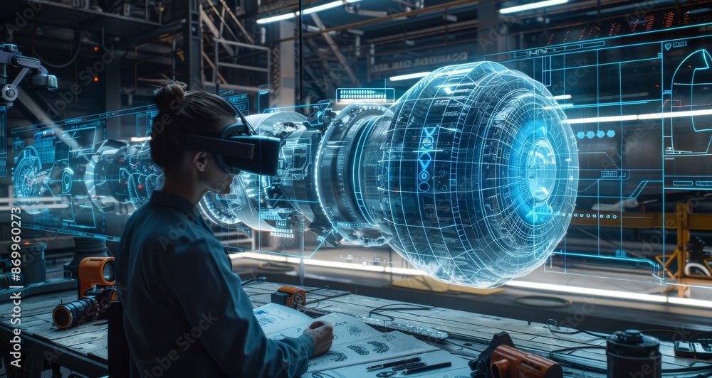 Poster engineer using augmented reality headset to work on futuristic holographic engine prototype in high-