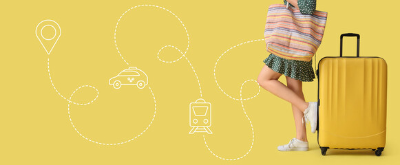 Young woman with luggage and drawn route on yellow background. Travel concept