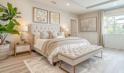 Luxurious Bedroom with Elegant Wall Art and Green Plants in a Modern, Tranquil Setting