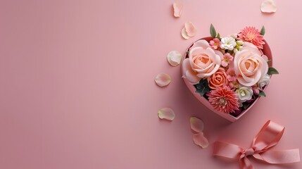 Elegant heart-shaped gift box with flowers, suitable for Valentine's, Christmas, birthdays, Mother's Day, and more. Features empty text space. Simple, minimal design for any occasion.