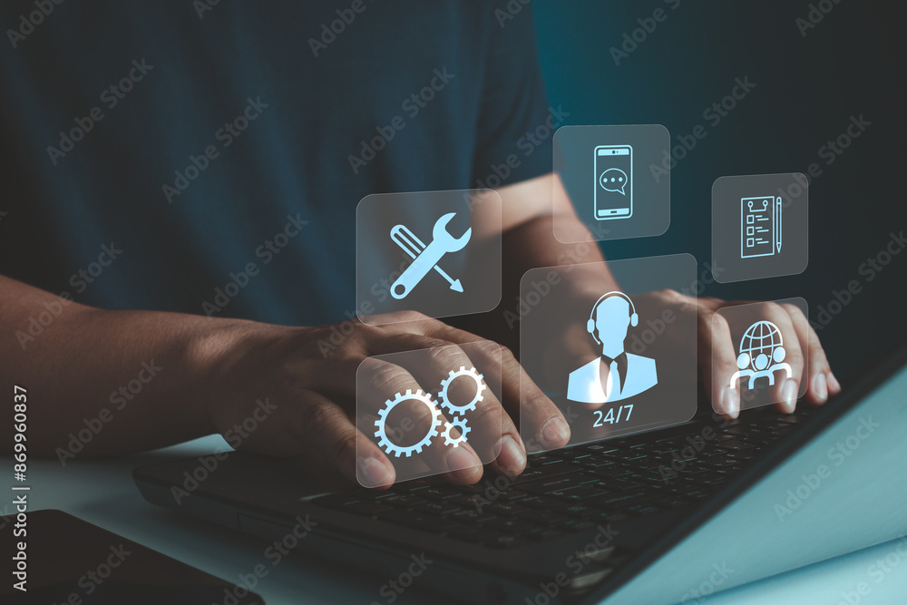 Poster technical support customer service concept. businessman using laptop with vr screen support customer