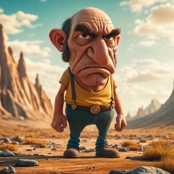 Cartoon character, an old man with a mustache and a yellow shirt, standing in the middle of a desert landscape. He is wearing blue jeans and has a serious expression on his face.