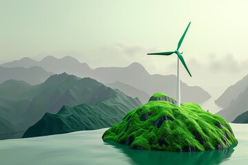 Wind turbine on green island in serene waters renewable energy eco friendly technology green power sustainable environment nature scenic view clean energy tranquility environmental consciousness