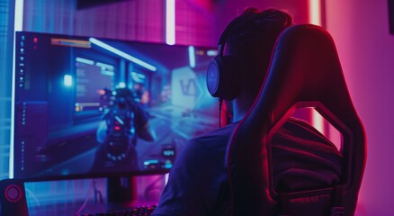 Gamer playing on a high-end PC setup with RGB lighting and headphones in a modern gaming room