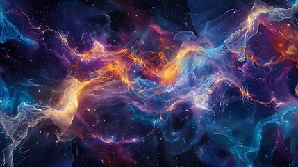 Vivid portrayal of electric currents as luminous lines intertwine and surge with energy amidst the vastness of cosmic infinity.