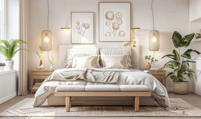 Luxurious Bedroom with Elegant Wall Art and Green Plants in a Modern, Tranquil Setting