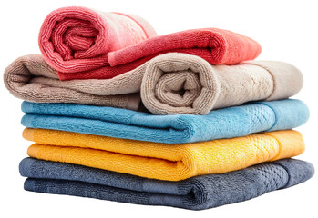 Closeup of pile or stack of colorful folded towels of different colors isolated. Clean soft cotton fabric laundry, dry in bathroom after the shower in spa or hotel, domestic material object