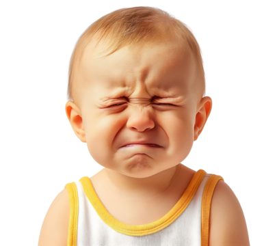 Closeup portrait of crying baby boy isolated on transparent background. Sad unhappy newborn infant male child or kid, tired, sick or hungry toddler, upset expression