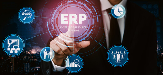 Enterprise Resource Management ERP software system for business resources plan presented in modern...