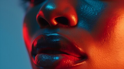 Close-up of Glossy Lips in Vibrant Neon Lighting - Stunning Beauty Imagery