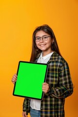 Fototapeta premium Smiling girl with glasses holding tablet with green screen on orange background