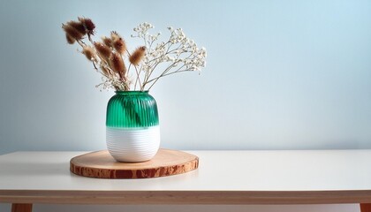 green and white glass vase with dry flowers stand on a wooden stand wooden desk background white wall