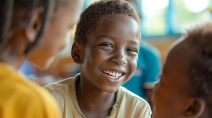 Fototapeta premium A young boy is smiling brightly while engaging with his friends in an indoor setting, showcasing the joyous and playful nature of children as they interact and learn together.